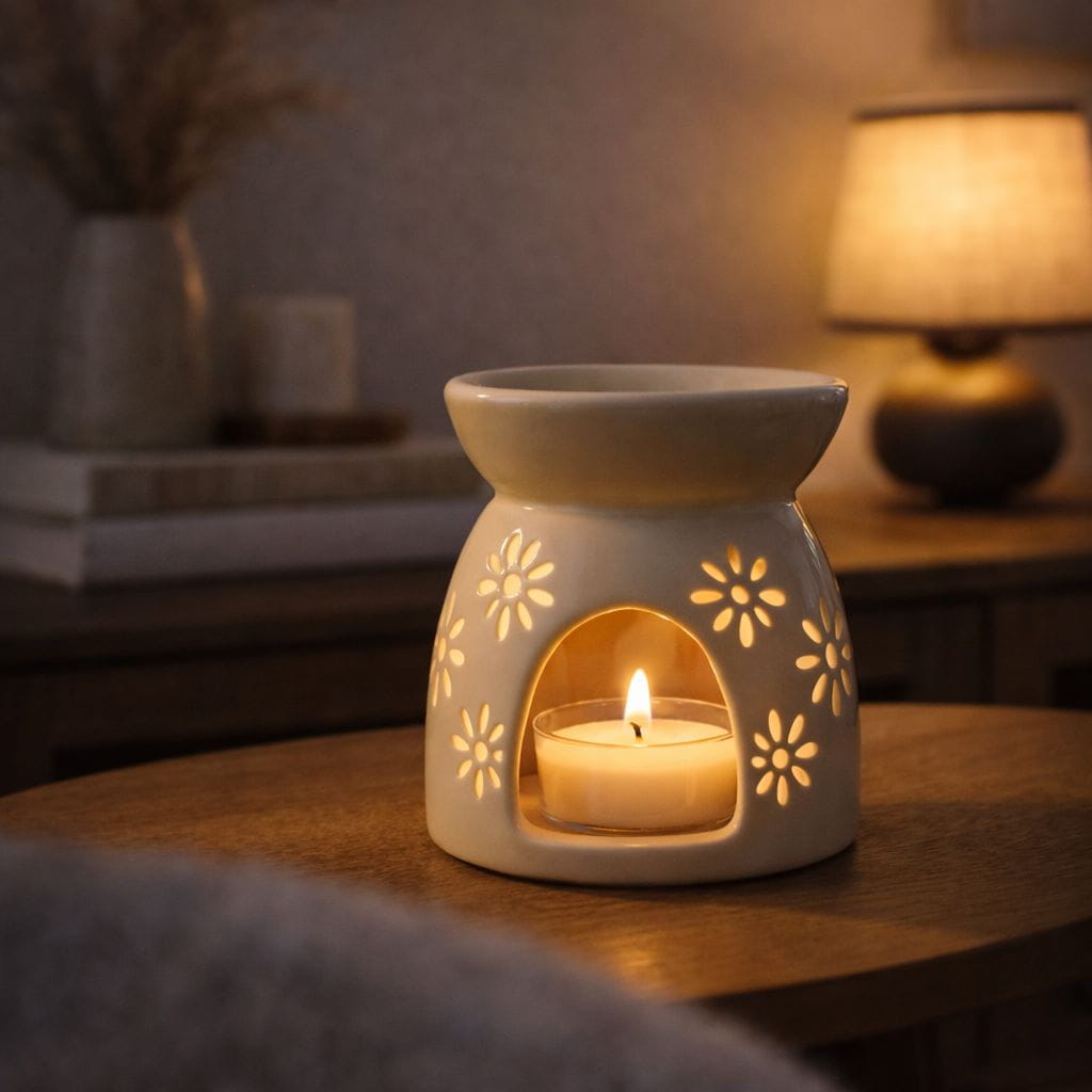 Zapalony tealight sojowy w ceramicznym kominku do wosków i olejków.