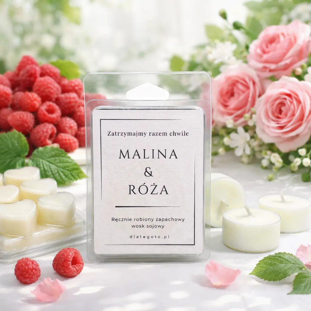 Zapachowy wosk sojowy. Kostki w kształcie serca do kominków zapachowych. Piękny zapach Malina i Róża, eko tealight..webp